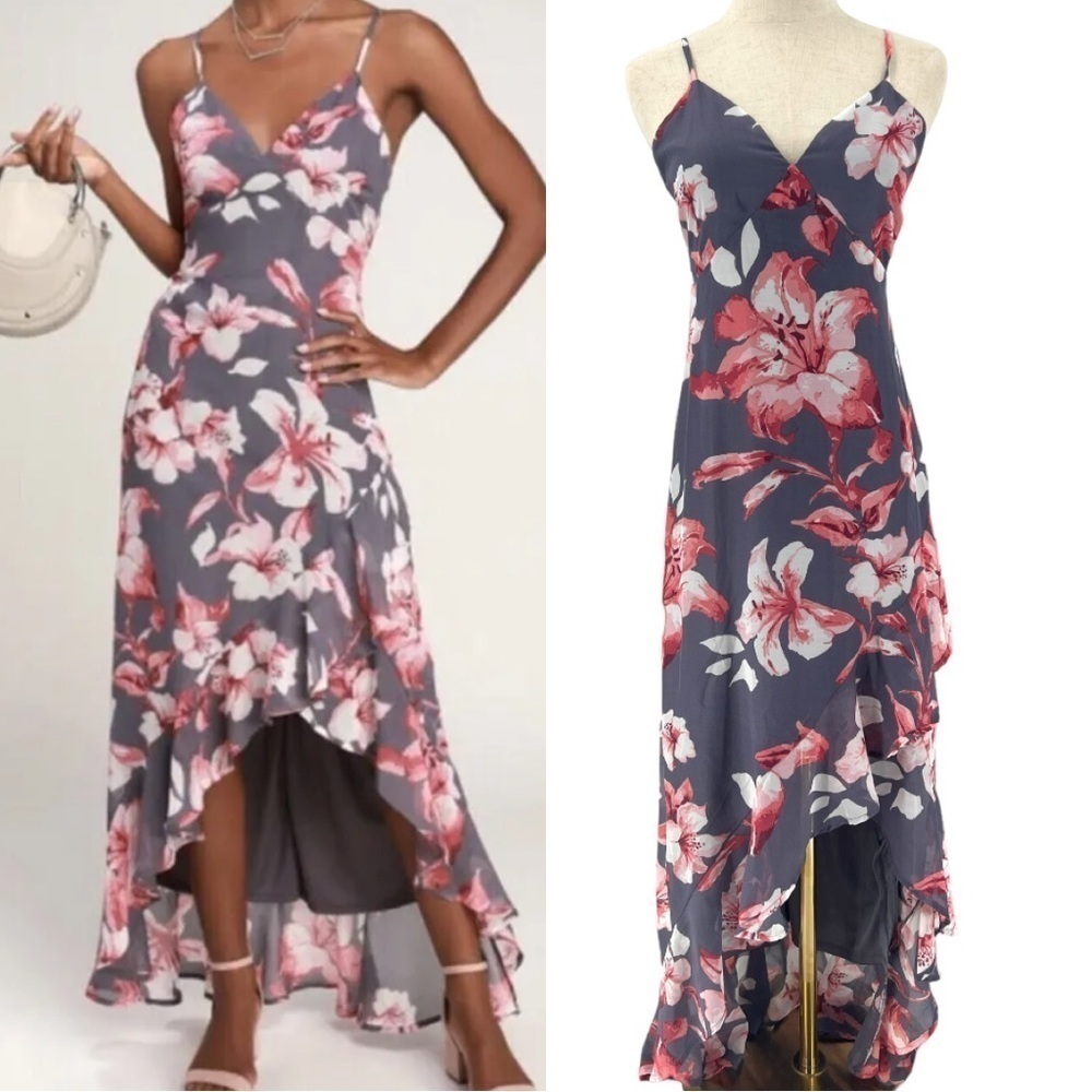 Lulu’s Kimi Dusty Purple Floral Chiffon Ruffled Maxi Dress S High Low New Straps